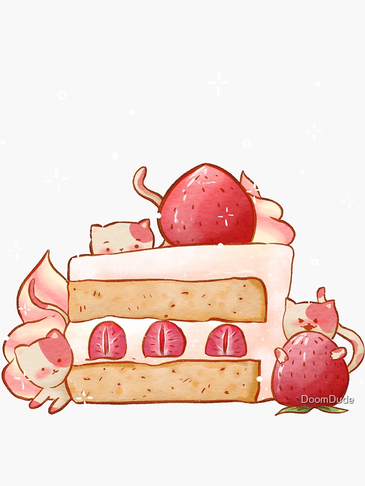 Kawaii Cat Eating a Slice of Strawberry Cake  Sticker for Sale by  Sereneluna