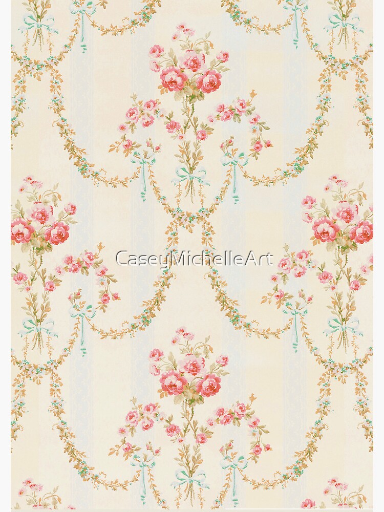 " Rococo Vintage French Floral Wallpaper With Roses, Ribbons and Bows