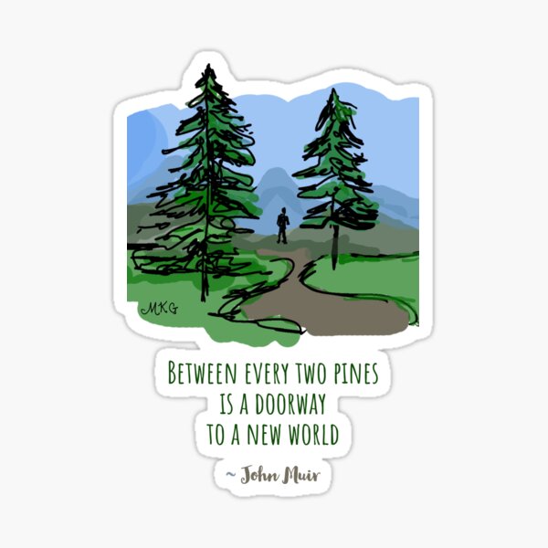 Hiking Quote Hand Illustrated John Muir Between Every Two Pines is the Gateway to a New World Sticker