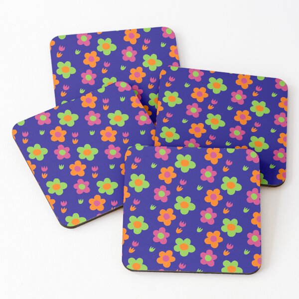 Item preview, Multicolor pink green and orange flower power dark blue background print designed and sold by DemonicGloom.