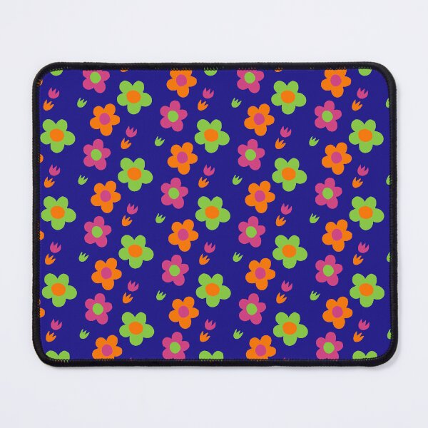 Item preview, Multicolor pink green and orange flower power dark blue background print designed and sold by DemonicGloom.