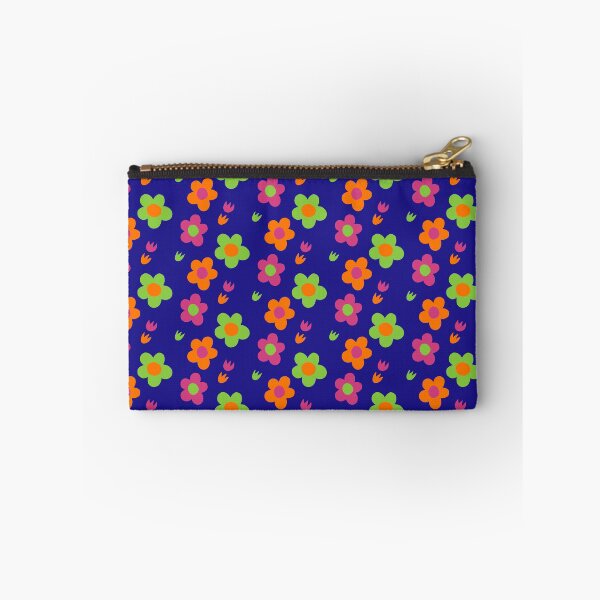 Item preview, Multicolor pink green and orange flower power dark blue background print designed and sold by DemonicGloom.