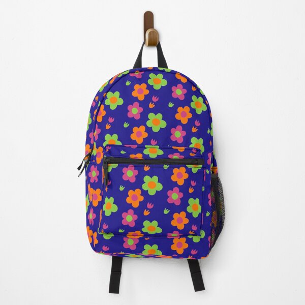 Item preview, Multicolor pink green and orange flower power dark blue background print designed and sold by DemonicGloom.