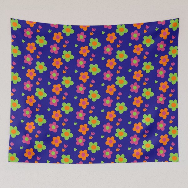Item preview, Multicolor pink green and orange flower power dark blue background print designed and sold by DemonicGloom.