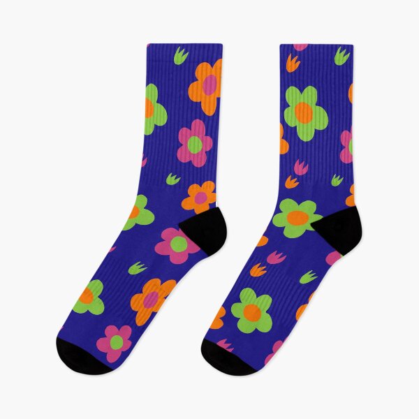 Item preview, Multicolor pink green and orange flower power dark blue background print designed and sold by DemonicGloom.