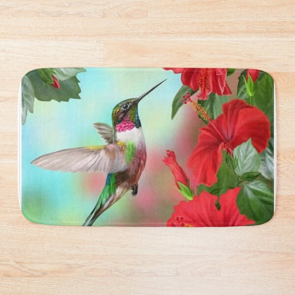 Item preview, Hummingbird Pecking At Red Hibiscus Flowers designed and sold by CheeryDK.
