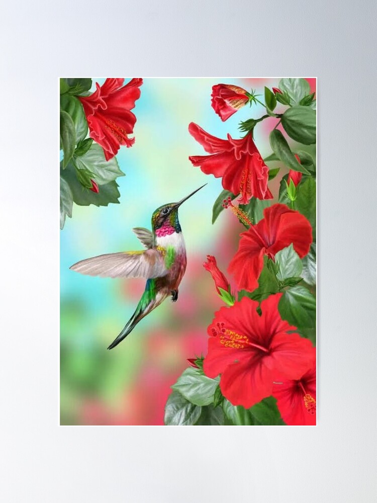 Hummingbird Red Flower Watercolor Bird Wrapping Paper by Olechka