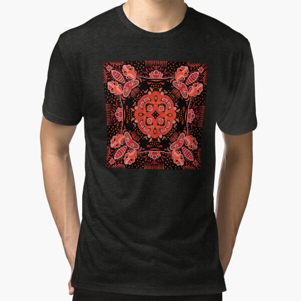 Pink and coral floral mandala on black Tri-blend T-Shirt
