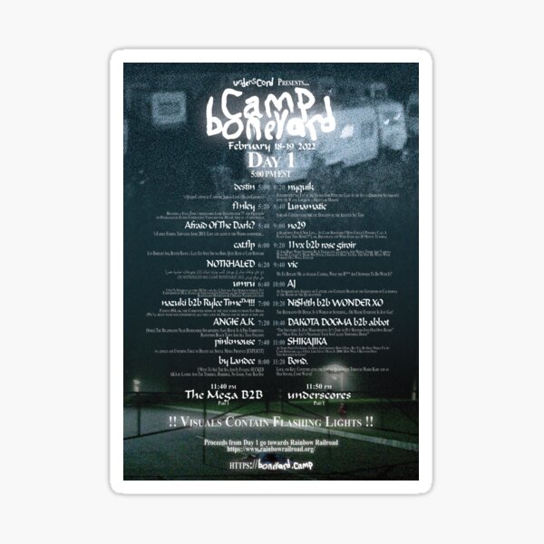 "Camp Boneyard Lineup Poster (Day 1)" Sticker by und3rsc0rd Redbubble