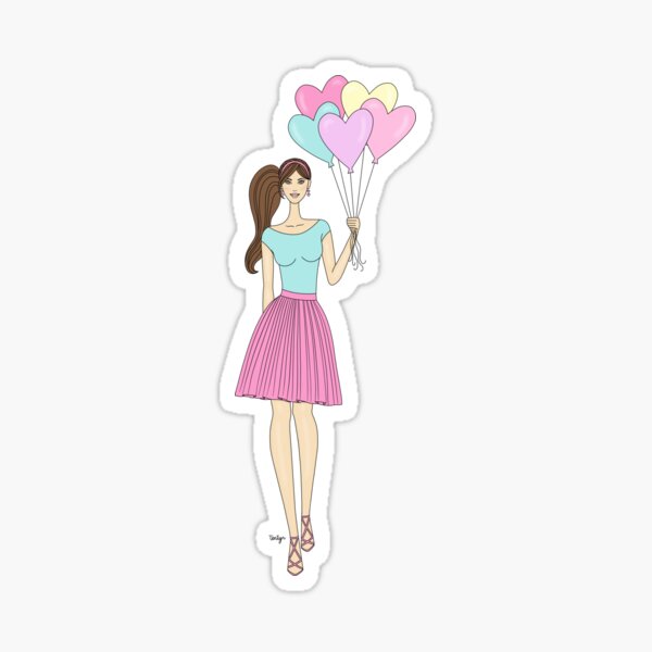 Fashion Girl Balloon Hearts - Brown Hair Sticker