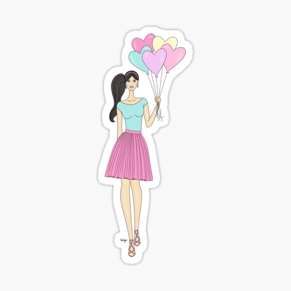 Fashion Girl Balloon Hearts - Black Hair Sticker