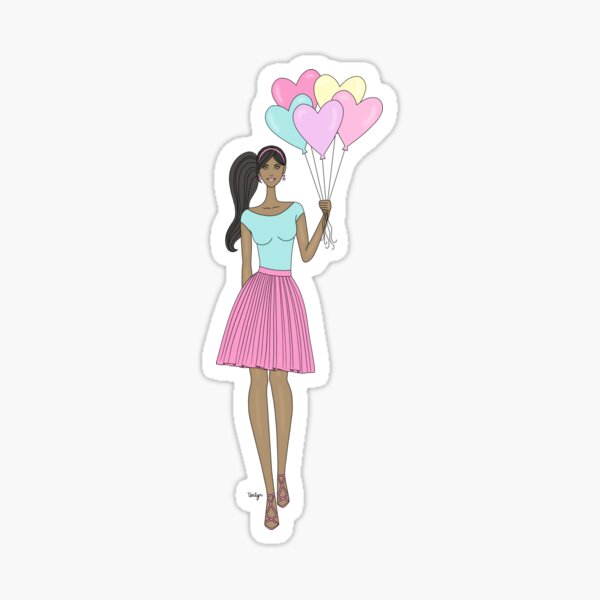 Fashion Girl Balloon Hearts - Dark Skin Tone Sticker