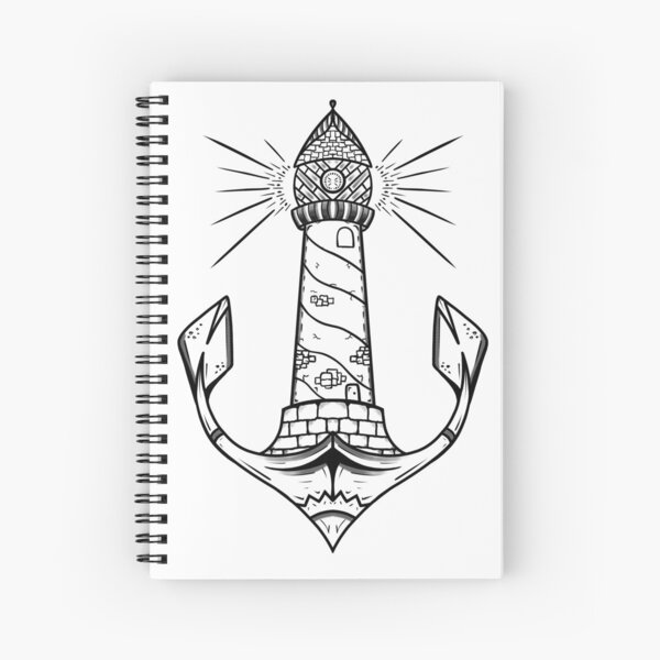 Anchor And Lighthouse Tattoo Drawing With Shadow White Background