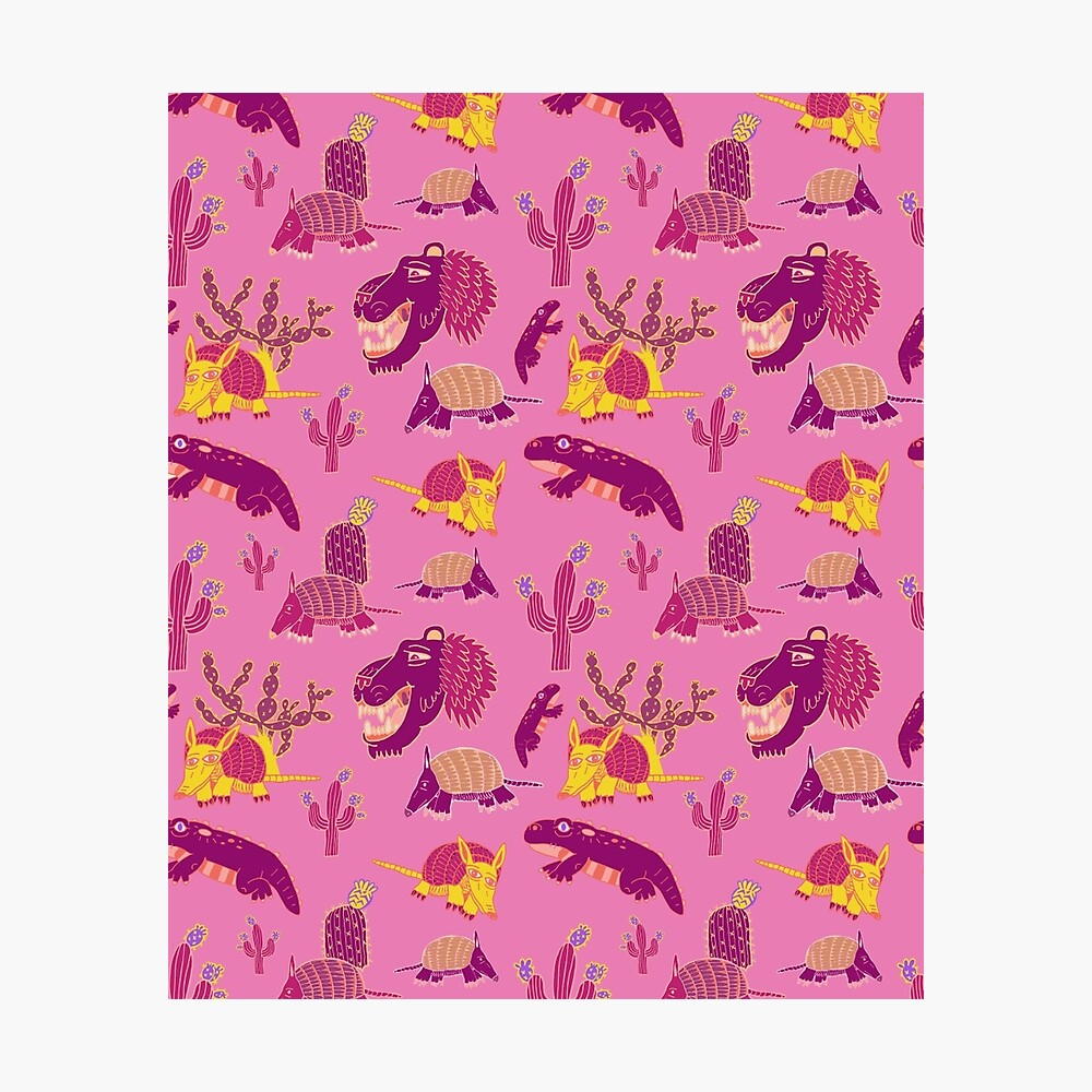 Desert Animals In Pink With Yellow Armadillo Poster By Chaparralia Redbubble