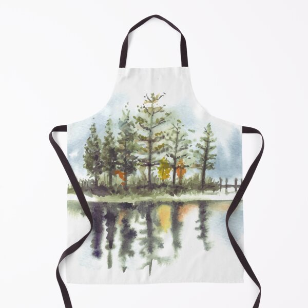 Item preview, Beautiful Reflection Of Pine Trees and Dock In Lake Watercolor designed and sold by Yorda Creative.