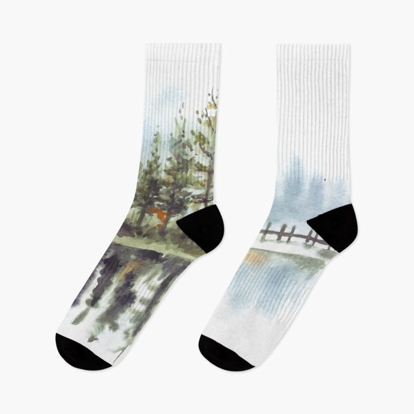 Item preview, Beautiful Reflection Of Pine Trees and Dock In Lake Watercolor designed and sold by Yorda Creative.