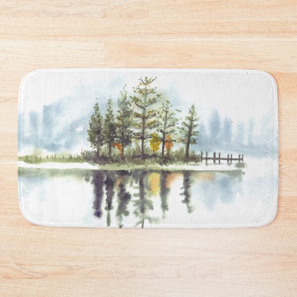 Item preview, Beautiful Reflection Of Pine Trees and Dock In Lake Watercolor designed and sold by Yorda Creative.