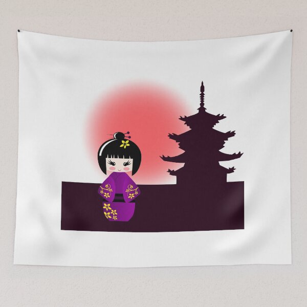 Item preview, Japanese kokeshi doll at temple during sunset designed and sold by pixxart.