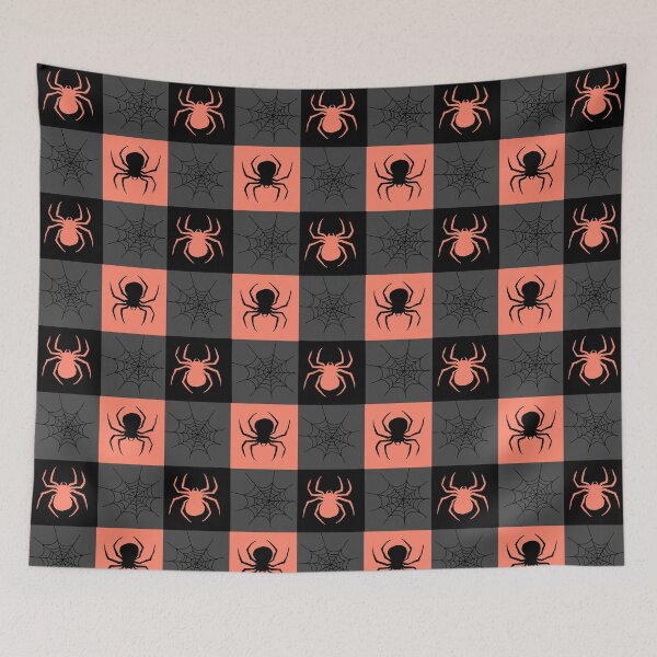 Item preview, Light orange grey and black checkered with spiders and webs designed and sold by DemonicGloom.