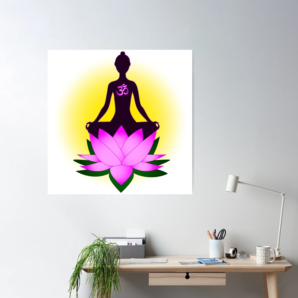 Yoga Lotus Pose And Flower Symbol With Oriental Brushwork Style