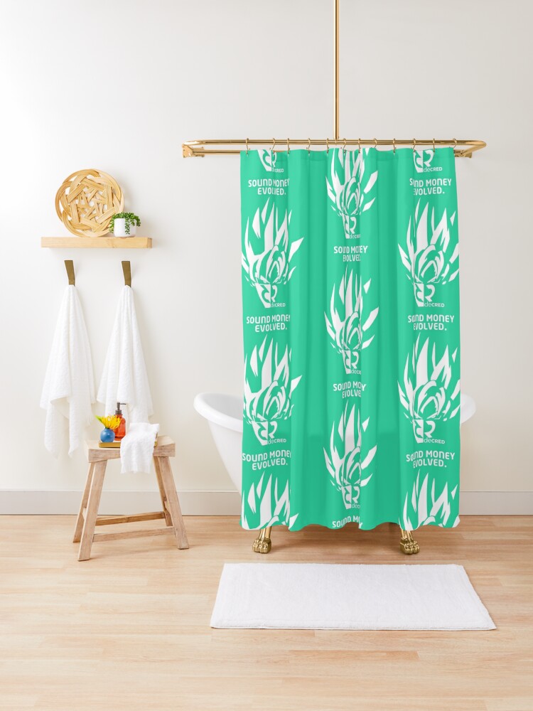 Shower Curtain, Decred sound money evolved - DCR Turquoise © v1 (Design timestamped by https://timestamp.decred.org/) designed and sold by OfficialCryptos