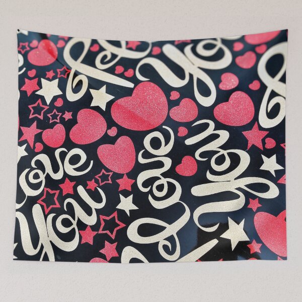 Aperçu de l'œuvre Textile imprimé coeur je t'aime noir et multicolore créée et vendue par DN Shop ★★★★★.