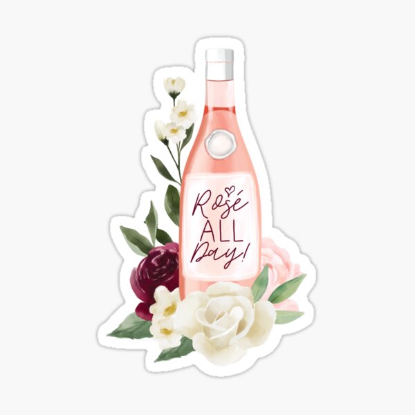 Rosé All Day Watercolor Pink Wine Bottle & Florals Sticker