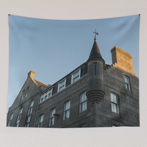 Item preview, Silver City Architecture - Aberdeen Facade with a Whimsical Tower at Sunrise designed and sold by Georgia Mizuleva.