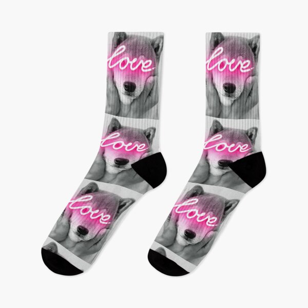 Item preview, Shiba Love Black and White Shiba Inu Photo with Neon Pink Love Sign designed and sold by MarikaJohnson.