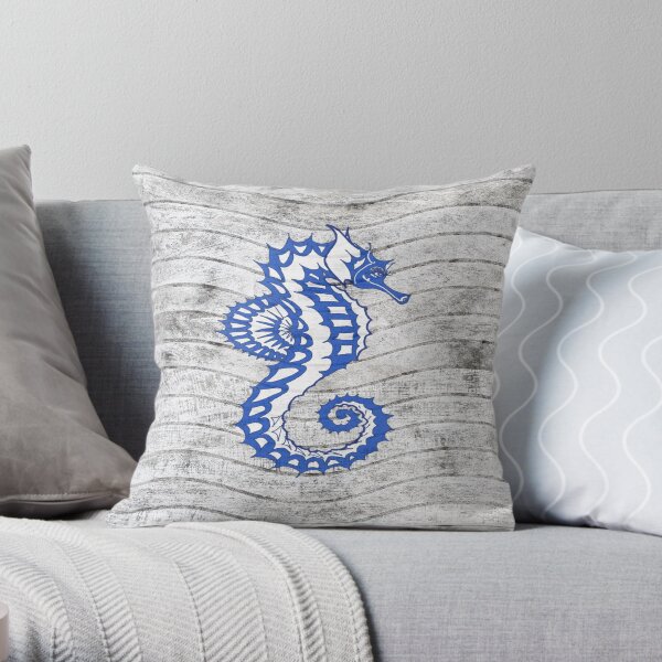 Blue Sea Horse Throw Pillow