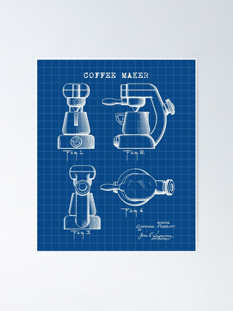 "Coffee Maker Technical Drawing Patent Blueprint" Poster for Sale by