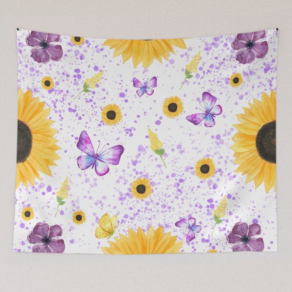 Item preview, Beautiful Bright Yellow Watercolor Sunflowers and Purple Butterflies Summer Pattern designed and sold by CommittedGrace.