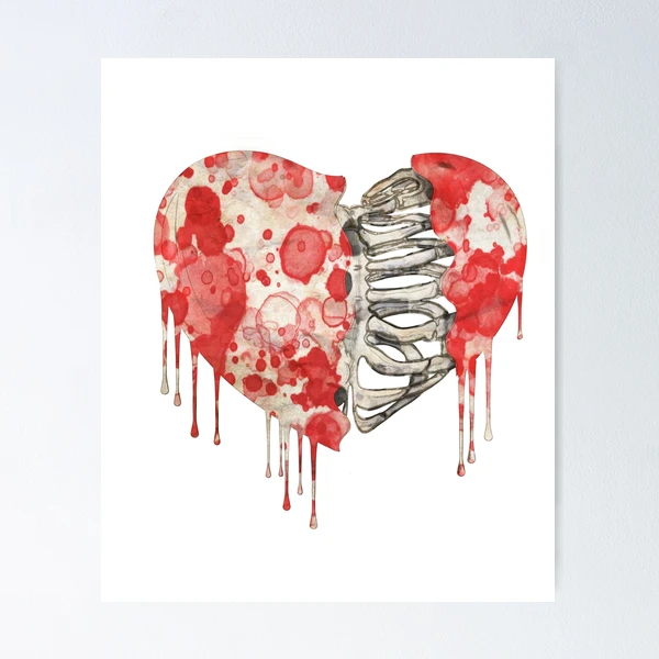 Skeleton rib heart, Broken, heart, watercolor design rib heart | Poster