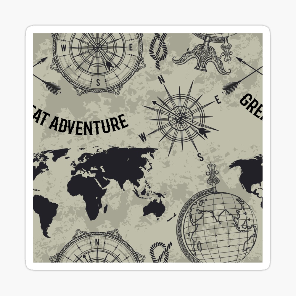 Seamless pattern with vintage globe, compass, world map and wind