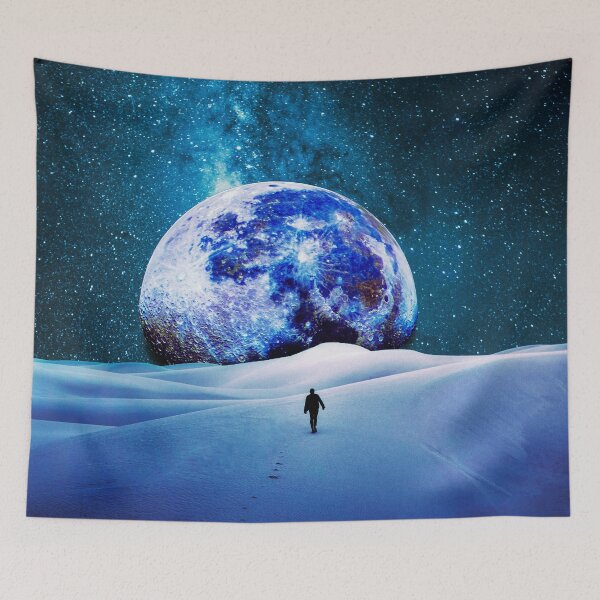 Item preview, Lonely man Walking in desert towards big blue surreal planet  designed and sold by Yasmine khalifa.