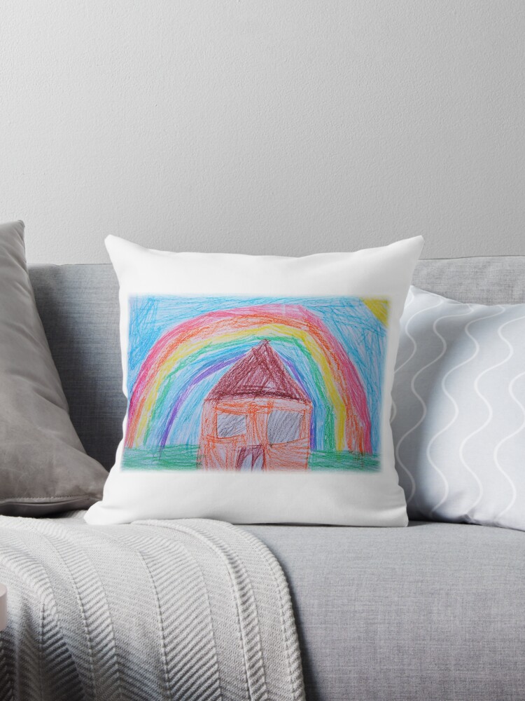 House Under the Rainbow, Everything will be Fine, Positive Thinking,  Five-Year-Old Child Art, Nursery Decor, Wax Crayons Kid Drawings, Toddler  Pencil