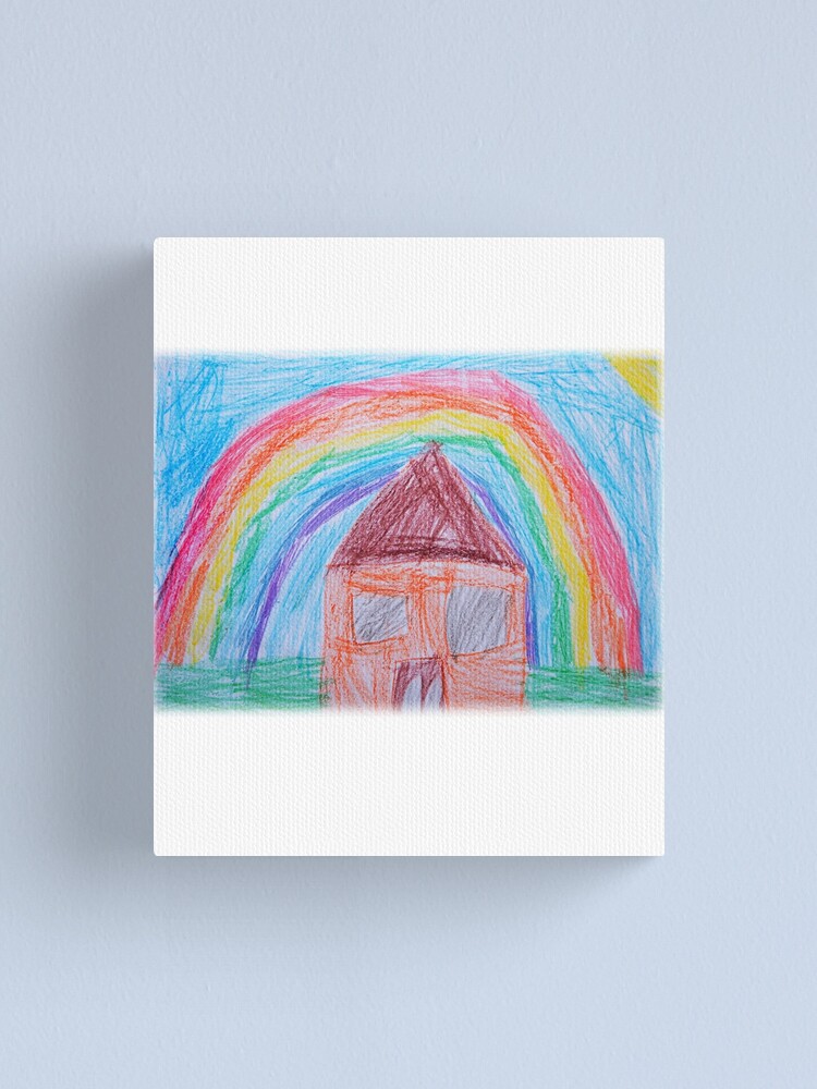 House Under the Rainbow, Everything will be Fine, Positive Thinking,  Five-Year-Old Child Art, Nursery Decor, Wax Crayons Kid Drawings, Toddler  Pencil