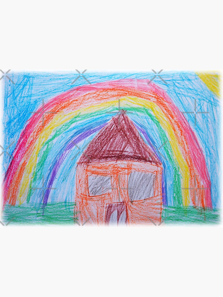 House Under the Rainbow, Everything will be Fine, Positive Thinking,  Five-Year-Old Child Art, Nursery Decor, Wax Crayons Kid Drawings, Toddler  Pencil