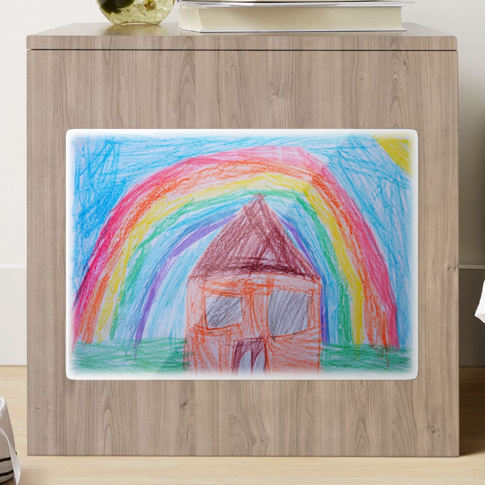 House Under the Rainbow, Everything will be Fine, Positive Thinking,  Five-Year-Old Child Art, Nursery Decor, Wax Crayons Kid Drawings, Toddler  Pencil