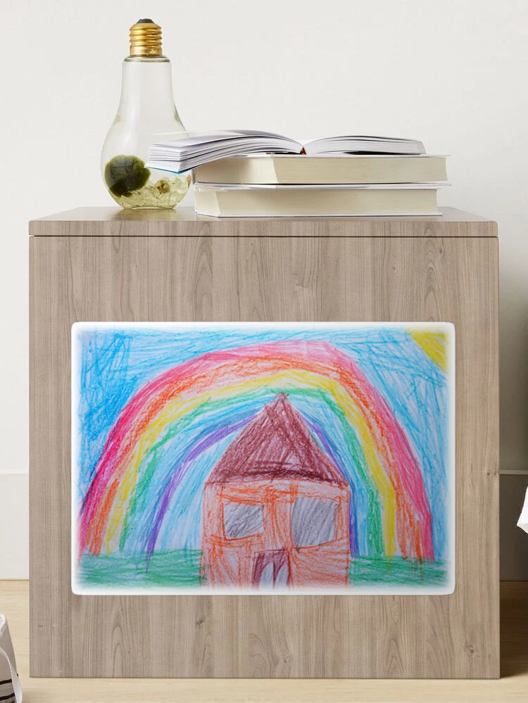 House Under the Rainbow, Everything will be Fine, Positive Thinking,  Five-Year-Old Child Art, Nursery Decor, Wax Crayons Kid Drawings, Toddler  Pencil