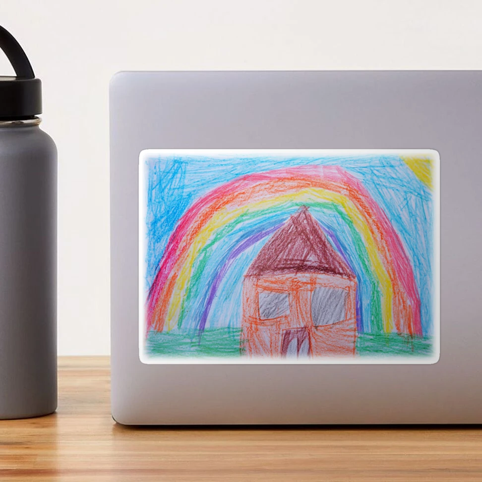 House Under the Rainbow, Everything will be Fine, Positive Thinking,  Five-Year-Old Child Art, Nursery Decor, Wax Crayons Kid Drawings, Toddler  Pencil