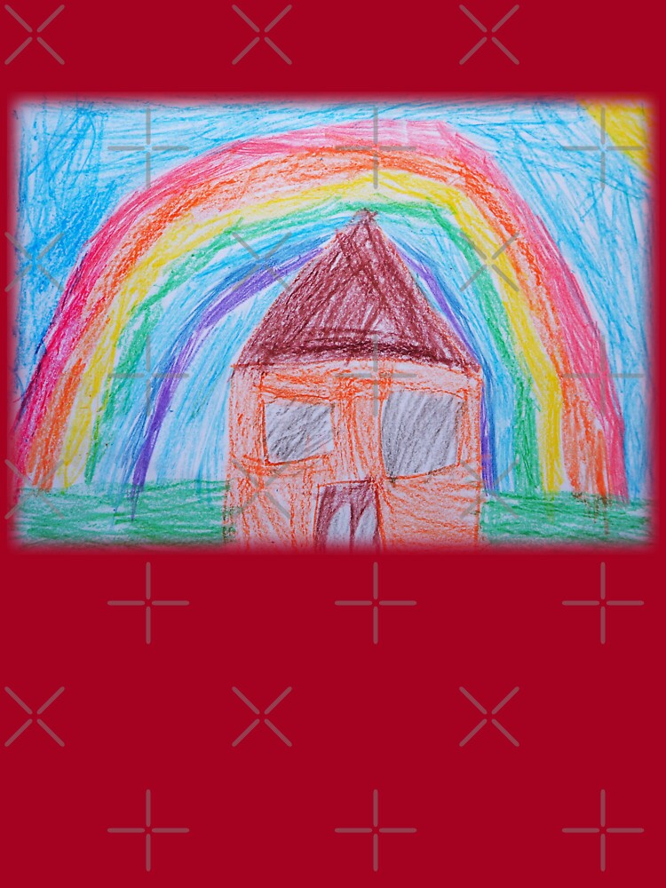 House Under the Rainbow, Everything will be Fine, Positive Thinking,  Five-Year-Old Child Art, Nursery Decor, Wax Crayons Kid Drawings, Toddler  Pencil