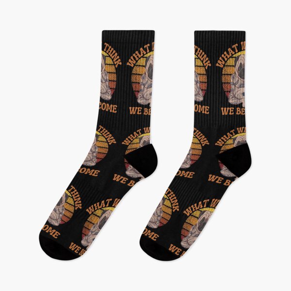 Item preview, What we think we become Buddha Quote, Cute Tattooed Zen Yoga Pug with a distressed retro sunset design designed and sold by Auntieck.