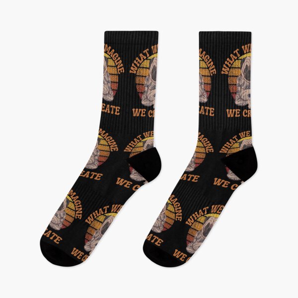 Item preview, What we imagine we create Buddha Quote, Cute Tattooed Zen Yoga Pug with a distressed retro sunset design designed and sold by Auntieck.