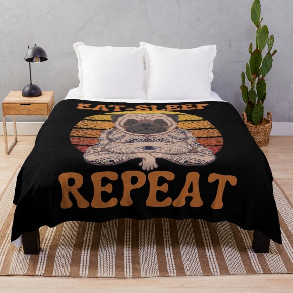 Item preview, Eat Sleep Yoga Repeat, Eat Sleep Sploot Repeat, Cute Tattooed Zen Yoga Pug with a distressed retro sunset design designed and sold by Auntieck.