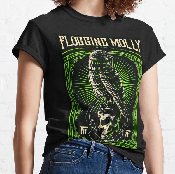 Flogging molly black crow and skull, green background Classic T-Shirt