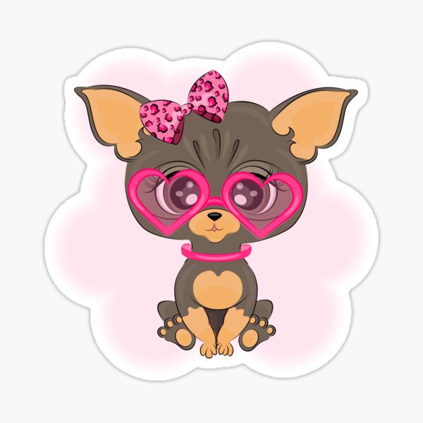Cute little chihuahua dog, with a bow and heart-shaped glasses, cute illustration Sticker