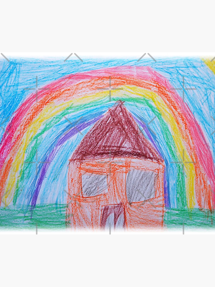 House Under the Rainbow, Everything will be Fine, Positive Thinking,  Five-Year-Old Child Art, Nursery Decor, Wax Crayons Kid Drawings, Toddler  Pencil Drawing, Mother and Daughter Child's Artwork