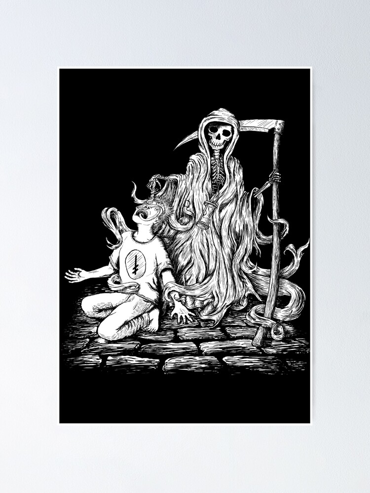 an illustration of grim reaper, full body, relaxing in