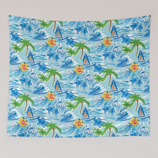 Artikelvorschau, Aloha, Hawaii Sommerausflug mit der Familie. Familienurlaub auf Hawaii. Tropisches Muster mit Meereswellen, Segelboot, Palmen und Blumen entworfen und verkauft von PaulLesser.